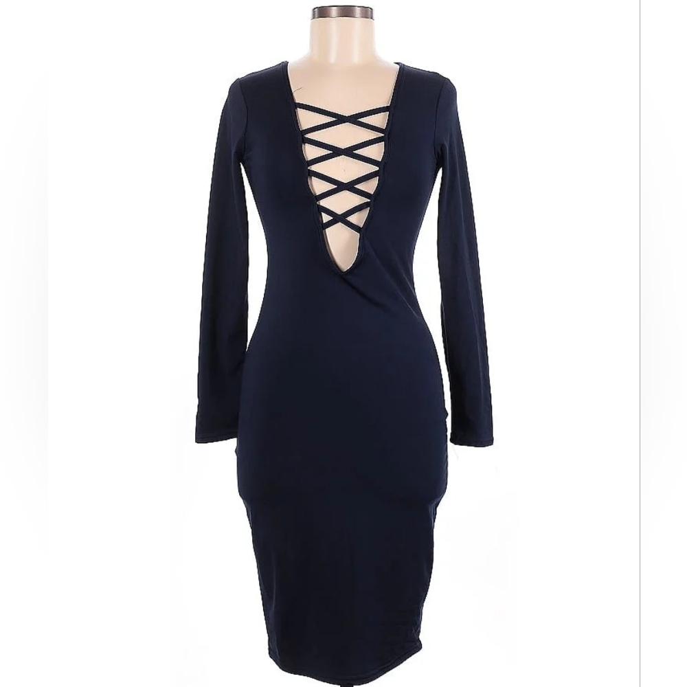 Deep V Navy Long Sleeve Dress